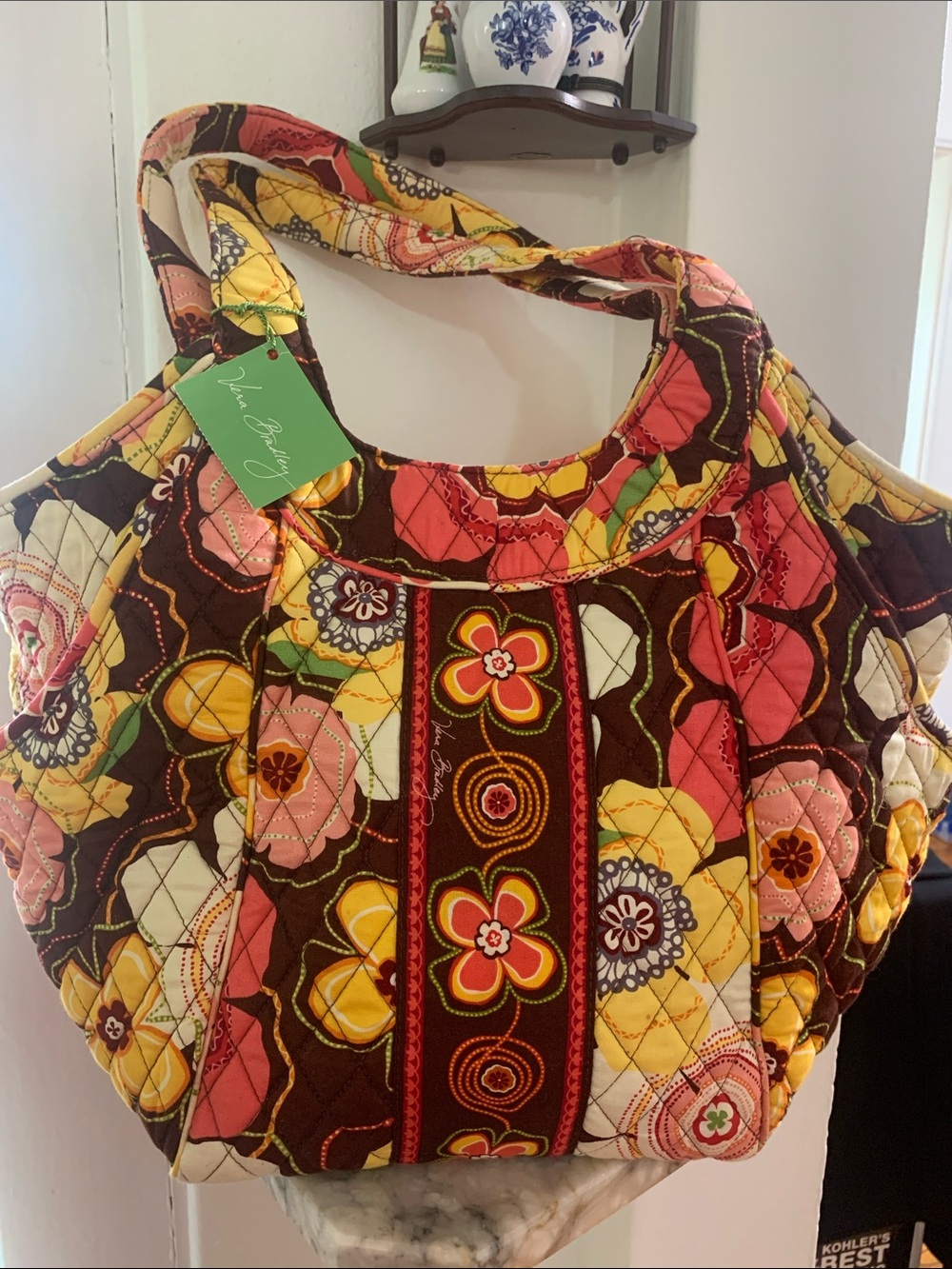 Vera Bradley Quilted Floral Tote – Brown, Yellow & Pink